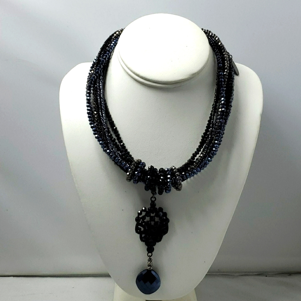 Ali khan deco drama multi row glass bead necklace with stone set casted pendant